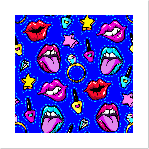 1980's Neck Gator Lips Nailpolish Stars Diamonds Blue 80's Neck Gator Wall Art by DANPUBLIC